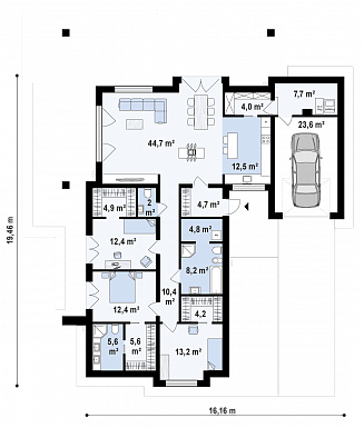 Проект одноэтажного дома из газобетона с просторной гостиной, тремя спальнями и гаражом / План 1 этажа