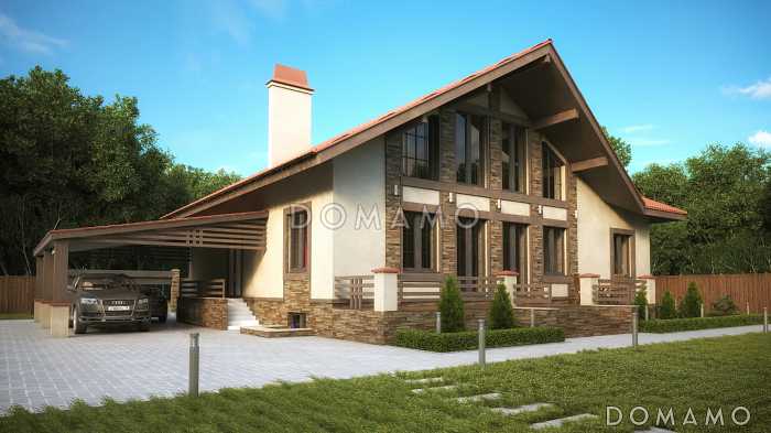 Проект большого современного дома с цокольным этажом и навесом для двух автомобилей