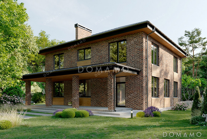 Проект двухэтажного дома, облицованного кирпичом, с 5 спальнями и террасой
