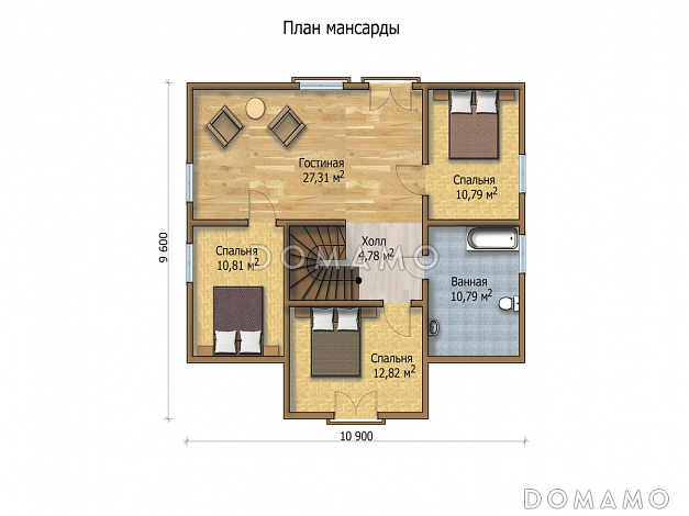 Проект дома с небольшой террасой и гостиной, которая объединена с кухней / План мансардного этажа