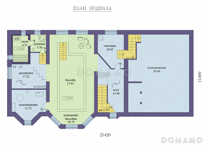 Проект двухэтажного дома с бассейном на цокольном этаже, гаражом и двумя эркерами / План цокольного этажа
