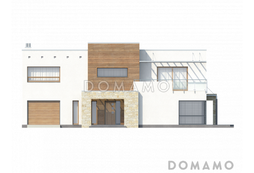 Проект современного двухэтажного дома в стиле хай-тек из кирпича с плоской крышей, гаражом и балконом / Фасад 3