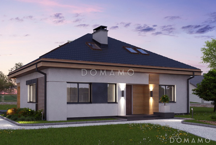 Проект одноэтажного дома из кирпича с тремя спальнями и небольшой крытой угловой террасой, с жилой мансардой