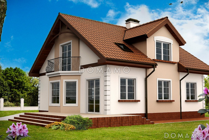 Проект загородного дома с эркером в гостиной, кабинетом, балконом  в комнате на мансарде