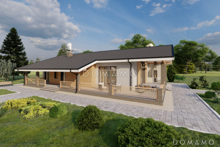 Проект одноэтажного газобетонного дома с сауной, просторной террасой и барбекю