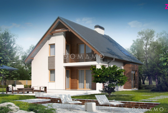 Проект одноэтажного дома из газобетона с мансардным этажом с прямоугольным эркером и балконом