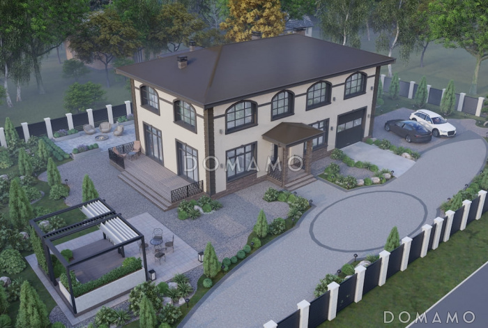 Проект двухэтажного дома из газобетона с 5 спальнями, сауной и гаражом на 1 машину