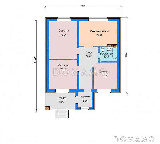 Проект дома с террасой и небольшой верандой, кухней-гостиной и тремя спальнями / План 1 этажа