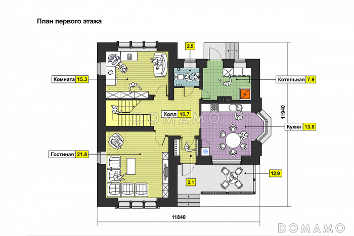 Проект дома одноэтажного дома из СИП панелей с мансардным этажом, эркером, балконами в спальне / План 1 этажа
