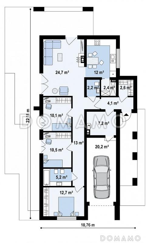 Проект уютного современного одноэтажного дома из газобетона с плоской крышей, с тремя спальнями и гаражом / План 1 этажа
