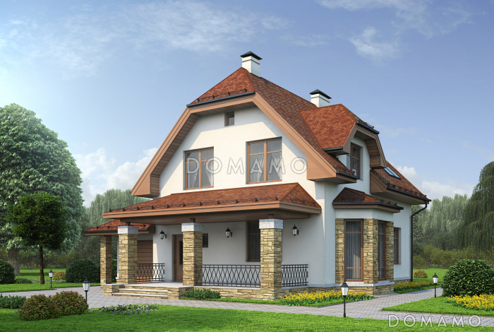 Проект дома из пеноблоков с мансардой, гаражом с подъемными воротами