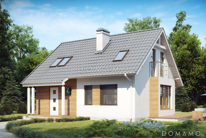 Проект загородного дома с мансардными окнами, балконом, открытой террасой