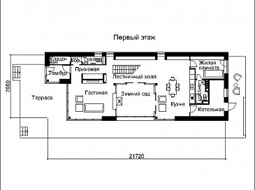 Проект двухэтажного дома с остеклением / План 1 этажа