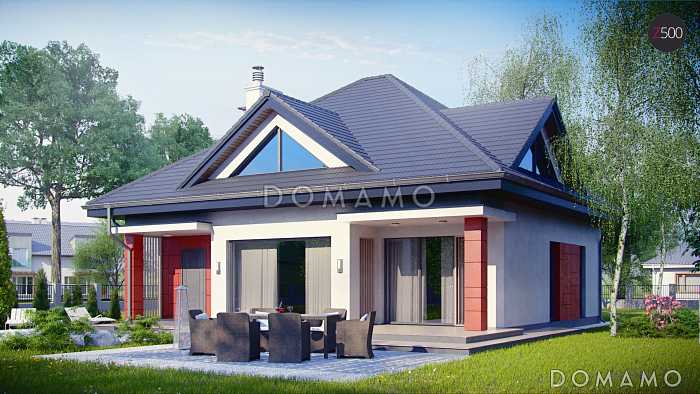 Проект одноэтажного мансардного коттеджа из кирпича с большой площадью остекления в гостиной, кабинетом и гаражом