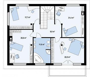 Проект просторного современного двухэтажного дома из газобетона, с пятью комнатами, гаражом и балконом / План 2 этажа