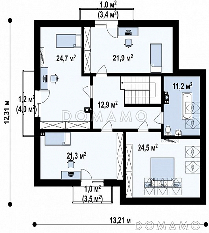 Проект загородного дома с гаражом, террасой, просторной гостиной, балконами в трех комнатах на мансарде / План мансардного этажа