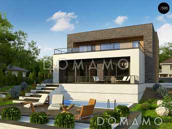 Проект современного двухэтажного дома из газобетона с плоской крышей, с четырьмя комнатами, гаражом и террасами на двух уровнях  