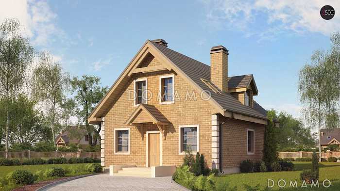 Проект одноэтажного дома из кирпича с отделкой из кирпича с мансардой и просторной гостиной