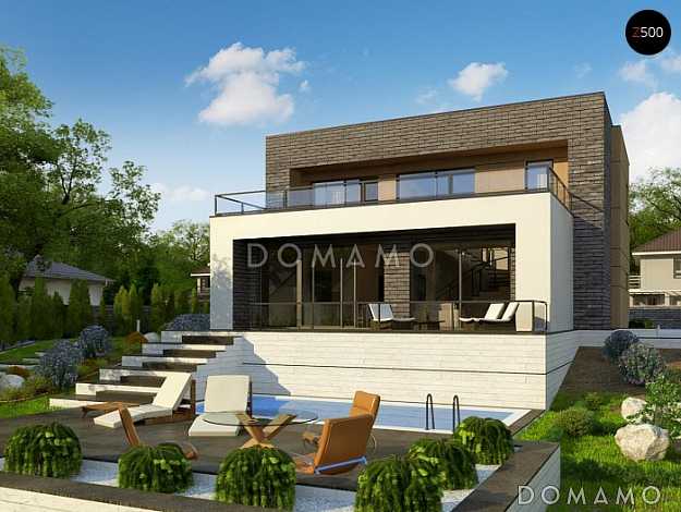 Проект современного двухэтажного дома из газобетона с плоской крышей, с четырьмя комнатами, гаражом и террасами на двух уровнях  