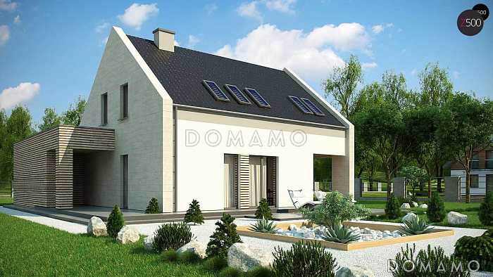 Проект современного одноэтажного мансардного дома из кирпича с пристроенным гаражом