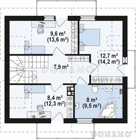 Проект одноэтажного мансардного дома из кирпича с эркером, тремя  балконами и вертикальным мансардным окном / План мансардного этажа