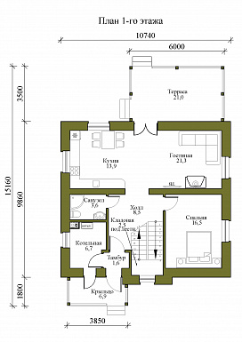 Проект одноэтажного дома из кирпича с мансардой и четырьмя спальнями / План 1 этажа