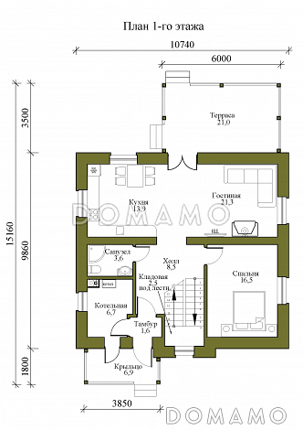 Проект одноэтажного дома из кирпича с мансардой и четырьмя спальнями / План 1 этажа