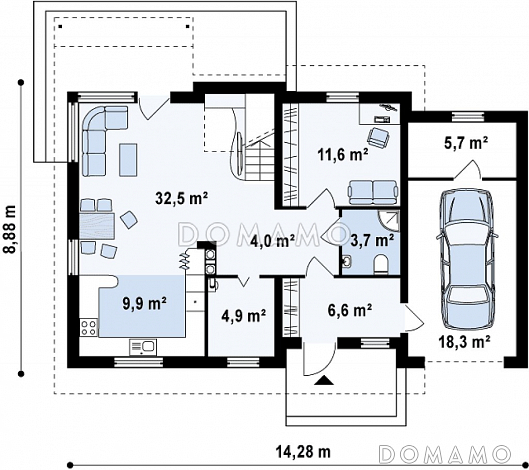 Проект одноэтажного мансардного дома из газобетона с кабинетом, гаражом и террасой над ним / План 1 этажа