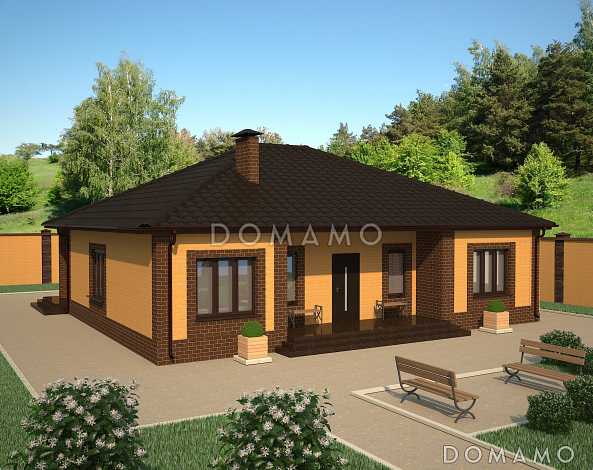 Проект дома с окном в гардеробной, просторной гостиной, террасой, тремя спальнями