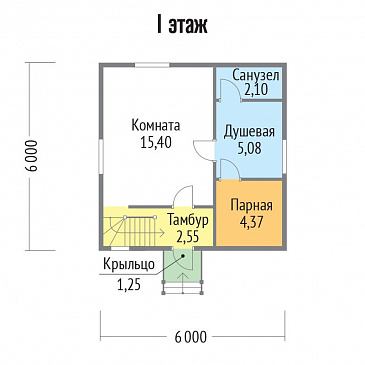Проект бани из клееного бруса 6х6 с мансардой / План 1 этажа