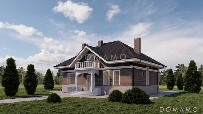 Проект двухэтажного каркасного дома с тремя балконами, округлыми террасой и крыльцом