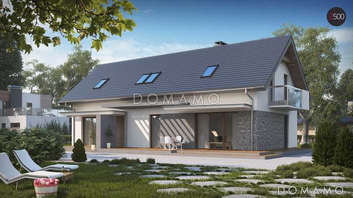 Проект одноэтажного мансардного дома из кирпича с отдельными входами для двух семей