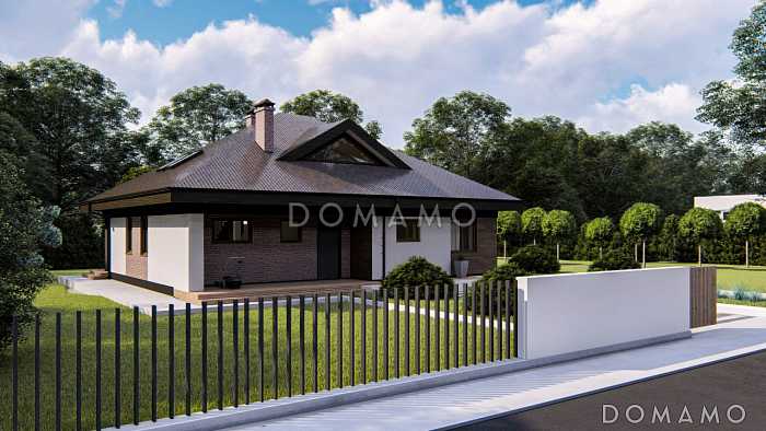 Проект современного дома с мансардным этажом, кладовой, душевой и сауной на первом этаже