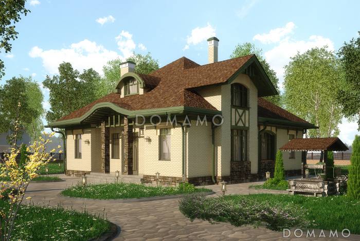 Проект дома с полукруглым эркером, двумя спальнями на первом этаже, вторым светом, ванной с окном, библиотекой