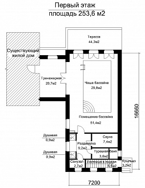 Проект помещения бассейна пристроенного к существующему жилому дому / План 1 этажа