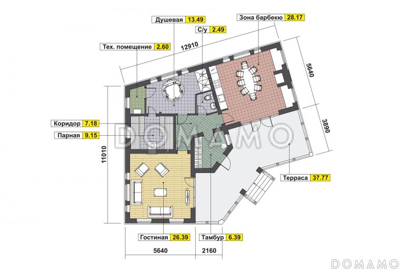 Проект бани с большой террасой, зоной барбекю и гостиной / План 1 этажа