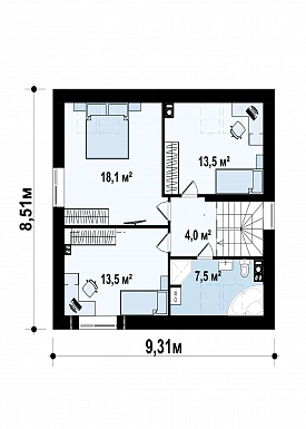 Проект небольшого одноэтажного мансардного дома из газобетона с тремя спальнями и крытой террасой  / План мансардного этажа