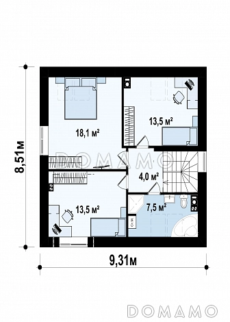 Проект небольшого одноэтажного мансардного дома из газобетона с тремя спальнями и крытой террасой  / План мансардного этажа