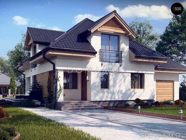 Проект дома с гаражом, просторной гостиной, французскими балконами, чердаком