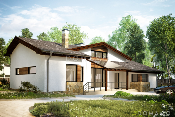 Проект одноэтажного дома из SIP панелей с большой крытой террасой, тремя спальнями, кузней с окном, чердаком