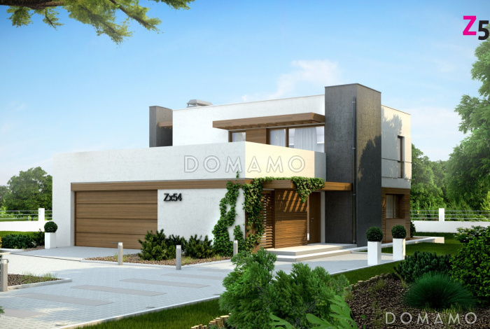 Проект современного двухэтажного дома из кирпича с плоской крышей с четырьмя комнатами, гаражом и открытой террасой на втором этаже