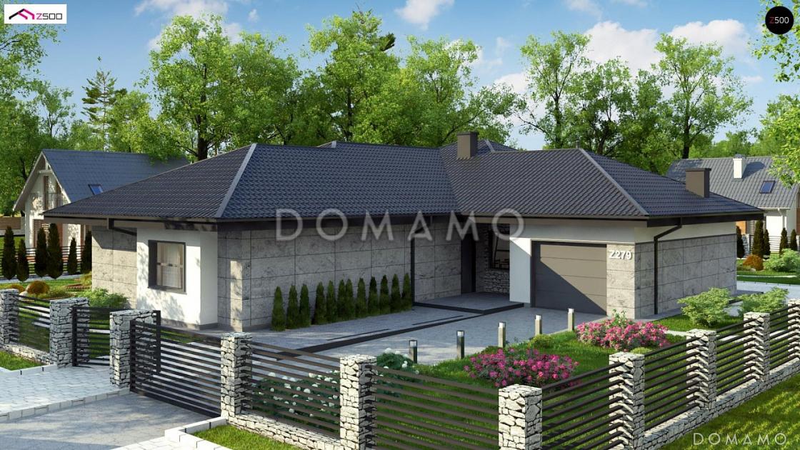 Проект одноэтажного дома из газобетона с просторной гостиной, тремя спальнями и гаражом / 1