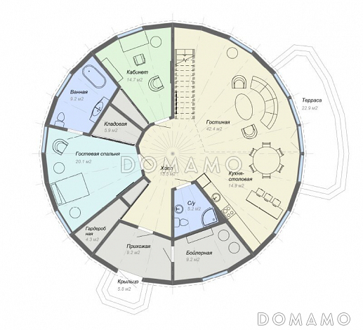 Проект круглого в плане дома с большими спальными комнатами / План 1 этажа