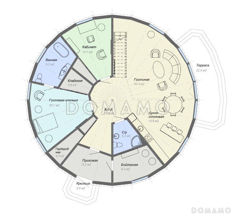 Проект круглого в плане дома с большими спальными комнатами / План 1 этажа