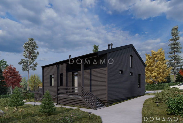 Проект каркасного дома с патио, мансардой и открытой террасой