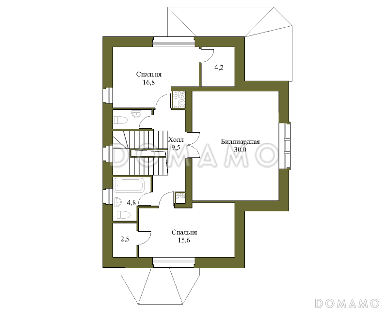 Проект трёхэтажного коттеджа с гаражом, подвалом и бассейном / План мансардного этажа