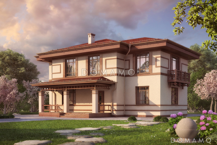 Проект двухэтажного дома из пеноблоков в бежево-коричневом цвете с верандой