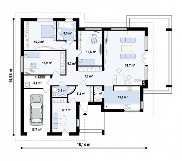 Проект одноэтажного дома из газобетона со свободной планировкой на мансардном этаже и гаражом для одного автомобиля / План 1 этажа