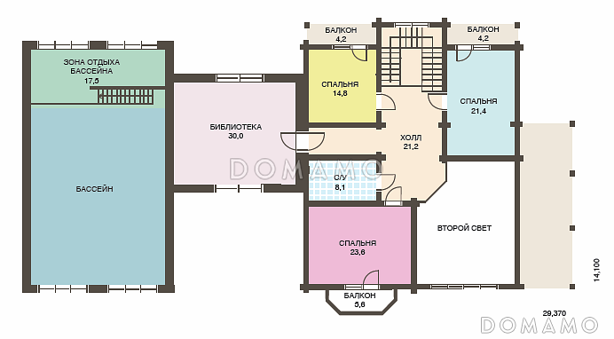 Проект двухэтажного дома из клееного бруса с бассейном и сауной на первом этаже / План мансардного этажа