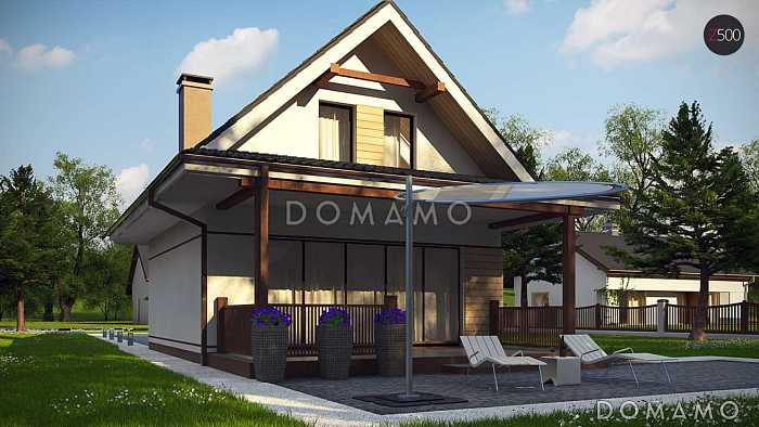 Проект небольшого мансардного дома из кирпича с панорамным остеклением дневной зоны